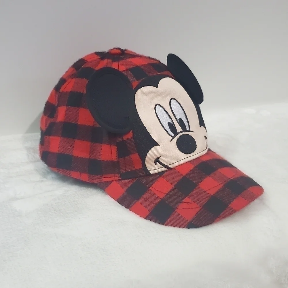 DISNEY Mickey Mouse Red Black Buffalo Check Plaid Baseball Hat Cap Toddler Size